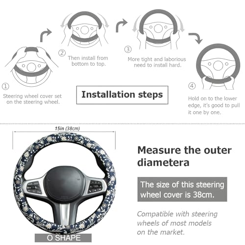 Brown Japanese Style Flower Steering Wheel Cover Auto Embroidery Steering Wheel Protector, Anti-Slip, Breathable, Absorbing Sweat, Universal Car Accessories 14.5–15 inch,Fit for Most Car, Trucks, SUV - style: Black Japanese Style Flower JQ