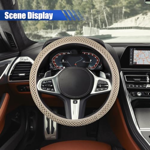 Elastic Stretch Steering Wheel Cover, 15" Breathable Microfiber Ice Silk Steering Wheel Protector, Universal Anti-Slip Car Warm in Winter&Cool in Summer Accessories for Men Women (Beige) - color: Beige