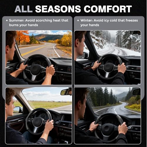 Car Steering Wheel Cover, Microfiber Leather Steering Wheel Covers with Anti-Slip Lining, Breathable Elastic Car Steering Wheel Protector, Universal Standard Size 14-15 inch - color: GrayBlack
