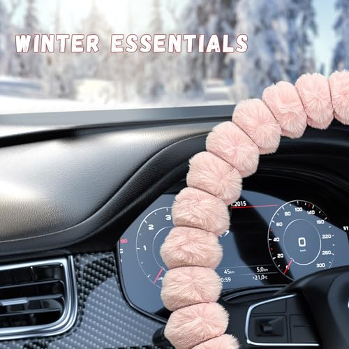 Fluffy Car Steering Wheel Cover, Soft Warm Plush Vehicle Steering Wheel Protector, 14.5-15 Inches Cute Anti-Slip Automotive Handle Cover for Women Girl, Car Accessories (Pink) - color: Pink