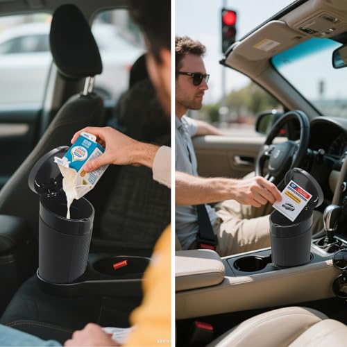 Car Trash Can Bin with Lid - 2 Pack, Leakproof Garbage Can for Vehicle, Mini Trash Bin with 180 Attached Trash Bags, Easy to Clean Cup Holder Trash Can for Car, Home, Office - color: Black 2