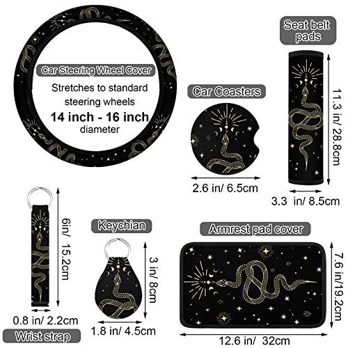 15 Pcs Boho Celestial Snake Seat Covers Full Set Thick Car Front and Back Steering Wheel Cover Seatbelt Strap Armrest Pads Cup Mat Wrist Strap Key Chains for Auto Truck - style: Snake