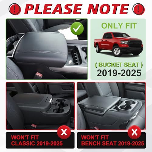 Center Console Armrest Cover Fit for Ram 1500 2500 3500 2019-2026 Accessories, Comfort Armrest Pad Console Lid Cushion Vegan Leather 1-Inch Extra Thick, Bucket Seat ONLY (V2 Diamond Pattern) - size: 3) 19-25|Ram1500/2500/3500|Bucket Seat,+Thick,V2