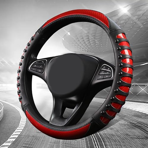 3D Massage Red Carbon Fiber Leather Steering Wheel Cover, 14.5-15 Inch Non-Slip Breathable Microfiber Car Steering Wheel Protector - color: 3D Massage - Sports Red