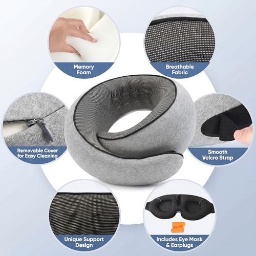 Memory Foam Neck Travel Pillow – 360° Adjustable Support, Breathable Washable Cover, Eye Mask & Earplugs, Carry Bag – Compact Airplane Pillow for Plane/Car/Train/Office (Grey) (Grey)
