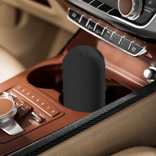 Car Trash Can with Lid, Portable Silicone Vehicle Cup Holder Dustbin Garbage Can, Compact Round Automobile Interior Rubbish Bin Garbage Container, Universal for RV Truck SUV (Black) - color: Black