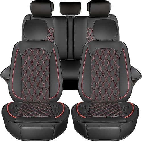 LINGVIDO Car Seat Covers Full Set (5 Seats) - Premium Perforated Nappa Leather, Waterproof Shield, Omni-Adapt Fit SUVs Sedans, Ultimate Family & Pet Protection - color: Black & Red Line, size: Full Set (5 Seats)