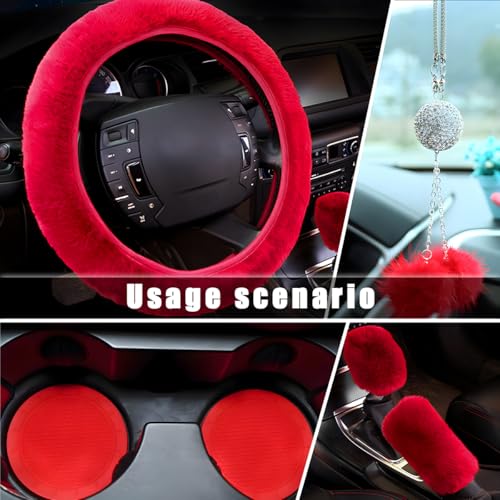 6 PCS Fluffy Steering Wheel Covers Set, 15 Inch Soft Steering Wheel Cover, Handbrake Cover & Gear Shift Cover & Cup Holder Coaster & Car Mirror Accessory, Car Accessories (Red) - color: Red