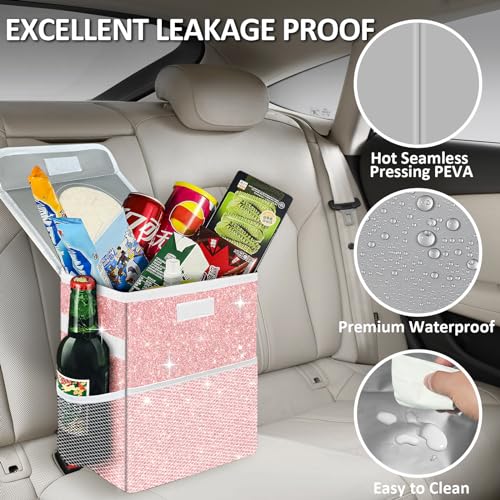 Cute Mini Car Trash Bag with Lid, Glitter Garbage Can Bin Hanging for Back/Front Seat/Console, Waterproof, Leakproof, 2.5 Gallon, Pink Bling Sparkly