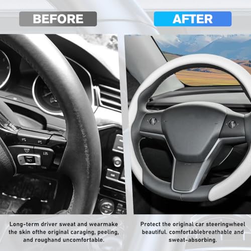 Car Nappa Leather Steering Wheel Cover, 15" Fashionable 5D Anti-Slip Vehicle Steering Wheel Protector, Breathable Auto Interior Decoration Accessories, Universal for Vehicles(White