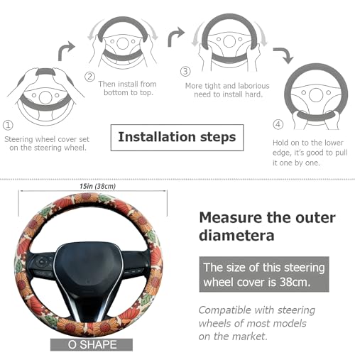 Sunflower Retro Steering Wheel Cover Auto Jacquard Steering Wheel Protector, Anti-Slip, Breathable, Absorbing Sweat, Universal Car Accessories 14.5–15 inch,Fit for Most Car, Trucks, SUV - style: Sunflower Retro