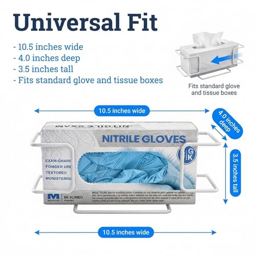 Disposable Glove and Facial Tissue Wire Rack, Dispenser, Wall Mount Design with Mounting Accessories Included, White Durable Metal Organizer Glove Holder for Home, Lab, Office and Food Service