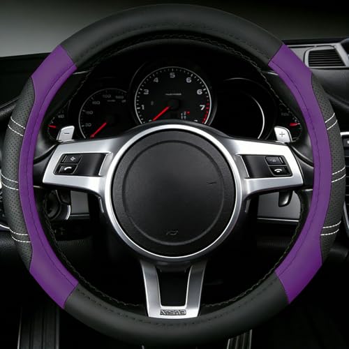 NBTEPEM Customized Auto Car Steering Wheel Cover for Honda Accord, Civic, CR-V, HR-V, Pilot, Microfiber Leather Sport Steering Wheel Covers 14.5-15 inchs, Anti-Slip, Safety, Soft(Black-Purple)