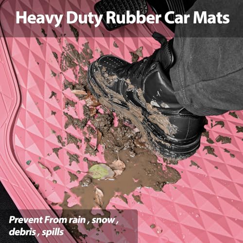 CAR PASS Heavy Duty Rubber Pink Car Floor Mats & Cargo Liners, Deep Dish All-Weather Trunk Mats Durable Anti-Slip 3D Rhombus Waterproof Trim to Fit Liner Universal Fit Auto,Sedan,SUV,Truck, Pink - color: pink with cargo liner