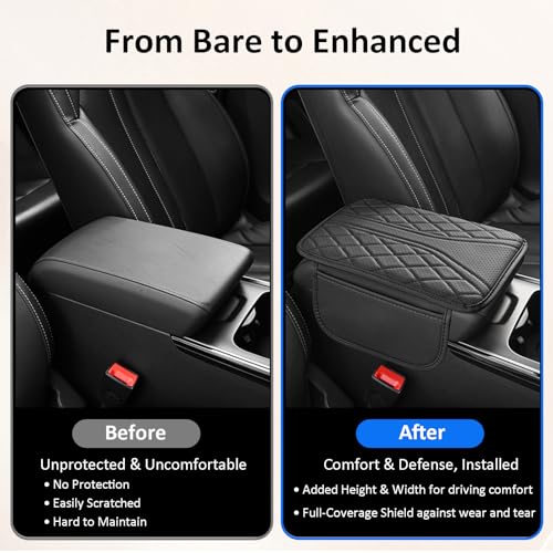 Car Center Console Cover with Storage Bags, Leather Armrest Pad Protector for SUV, Sedan, Truck Interior Accessories (Black)