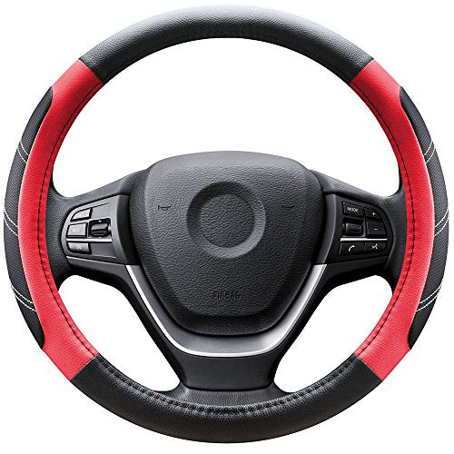 Elantrip Leather Steering Wheel Cover 14 1/2 to 15 inch Universal Padded Soft Grip Breathable for Car Truck SUV Jeep Anti Slip Black and Red - color: Black and Red, size: 14 1/2 - 15 Inch
