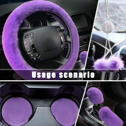 6 PCS Fluffy Steering Wheel Covers Set, 15 Inch Soft Steering Wheel Cover, Handbrake Cover & Gear Shift Cover & Cup Holder Coaster & Car Mirror Accessory, Car Accessories (Purple) - color: Purple
