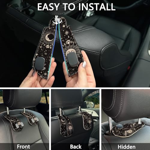 2PCS Car Seat Back Storage Headrest Hooks, Sun and Moon Purse Holder Bags Hanger, PU Leather Double Metal Hook for Backseat Organizer, Women Car Accessories Organization