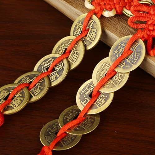Feng Shui Gold Coins Chinese Luck Charm, Red Knot Wall Hanging for Car,House,Office, Wealth and Success Five Emperor Money(5coins) - 2pcs