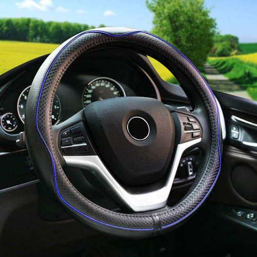 Rueesh Microfiber Leather Steering Wheel Cover Anti-Slip Matte Finish Auto Car Wheel Cover Universal 15 Inch Wheel Cover for Car Embossing Pattern Blue Line - color: Blue Line
