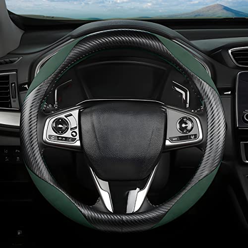 Steering Wheel Cover for Women and Men, Carbon Fiber Plush Steering Wheel Cover Soft Anti-Slip Comforting, Universal 15 Inches Steering Wheels Accessories (Carbon Fiber Black/Green) - color: Carbon Fiber Black/Green