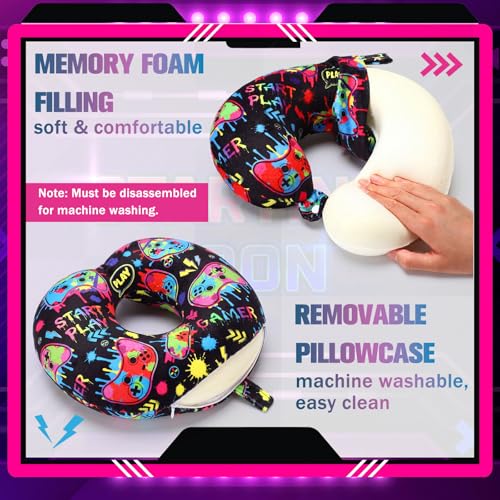 4 Pcs Game Travel Pillow with Sleep Eye Mask, U Shaped Memory Foam Headrest & Neck Pillow with Washable Cover, Soft Neck Head Support Travel Accessories for Airplane Car Train Bus Trips