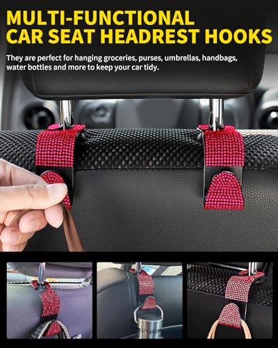 4 Pack Blink Diamond Car Seat Headrest Hooks Crystal Rhinestone Car Purse Holder Universal Interior Accessories for Handbags, Water Bottles, Coats, Umbrellas, Red - color: Red