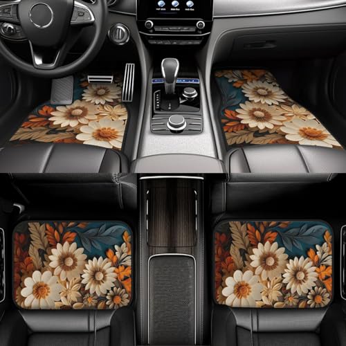 Artistic Fabric Car Floor Mats-Non-Slip Rubber Backing,Flower,Front (26.8x17.3in) & Rear (13x17.3in) Set-Water Absorbing, Durable Automotive Floor Liners with Stylish Patterns - color: Flower