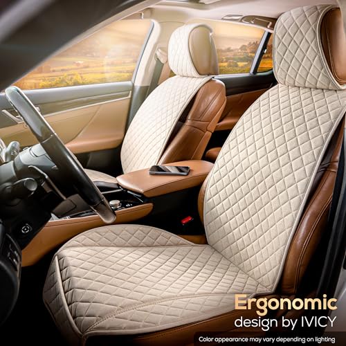 IVICY Faux Linen Front Car Seat Cover – Non-Slip Bucket Seat Protector for Most Cars, SUVs, Vans & Trucks – 1 Seat Cover, Machine Washable, Side-Airbag Friendly, Light Beige - color: BEIGE HYB LN