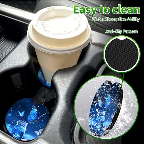 Universal Auto Center Console Pad and 2Pcs Car Coasters Set, Anti Slip Soft Neoprene Car Armrest Seat Box Cover Protector Universal Fit - Car Interior Accessories, Blue Butterfly - color: 511