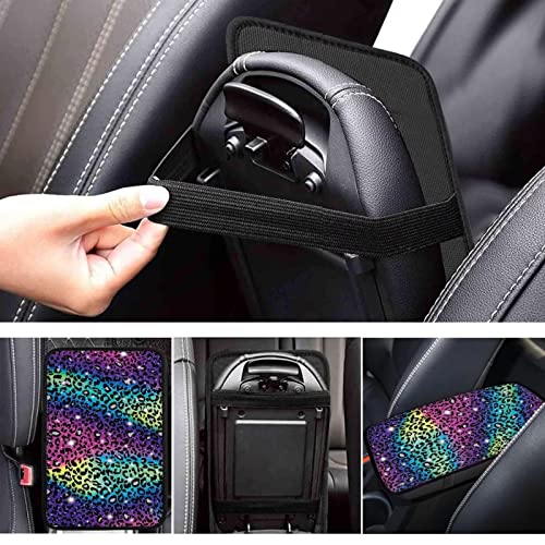 UNICEU Glitter Rainbow Leopard Car Accessories Center Console Armrest Cushion Cover Universal for Most Cars, Trucks SUV Neoprene Auto Armrest Protector Cover - color: Glitter Rainbow Leopard