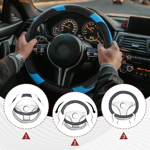 Car Steering Wheel Cover, Steering Wheel Protector, Universal 14.5-15 Inch Microfiber Leather Breathable Auto Steering Wheel Covers, Carbon Fiber Steering Wheel Cover for Women Men (Blue) - color: Blue