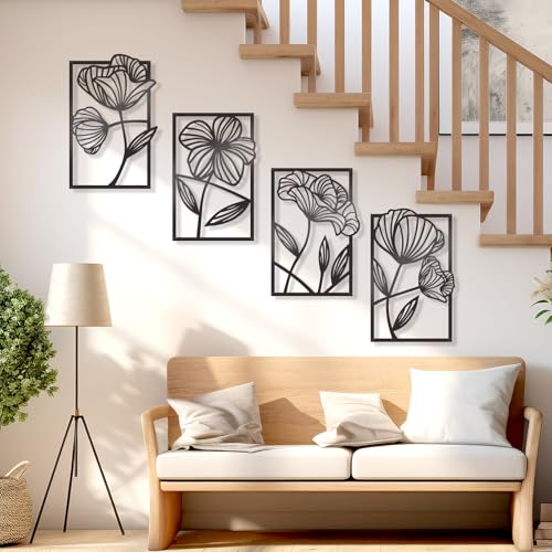 KOYILTD 4 Pcs Black Metal Wall Art Metal Flowers Wall Art Black Minimalist Line Art Wall Decor Room Decor Aesthetic Modern House Decor for Living Room Bedroom Bathroom Kitchen (Elegant)