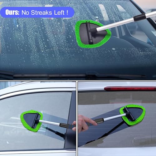 desin Windshield Cleaning Tool, Car Window Cleaner Windshield Cleaner with 4 Reusable and Washable Microfiber Pads and Extendable Handle Auto Inside Glass Wiper - color: Dark green
