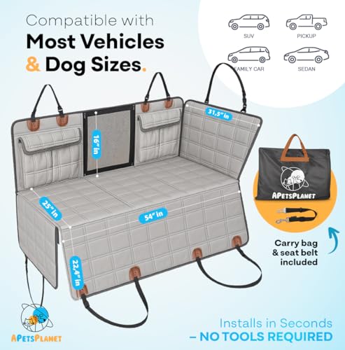 APetsPlanet Backseat Extender for Dogs, Dog Seat Cover Hard Bottom for Car Backseat & Truck Travel Bed, Platform Hammock Mat Converts Rear Seat Into Backseat Bed, Grey Leather with Door Covers - style: Grey Leather - With Door Covers