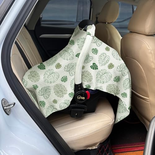 100% Muslin Cotton Car Seat Cover Baby, Carseat Canopy Cover, Universal Fit Stroller Covers for Boys and Girls (Monstera Green) - color: monstera green