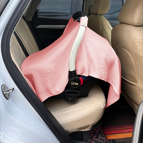100% Muslin Cotton Car Seat Cover Baby, Carseat Canopy Cover, Universal Fit Stroller Covers for Boys and Girls (Pink) - color: pink
