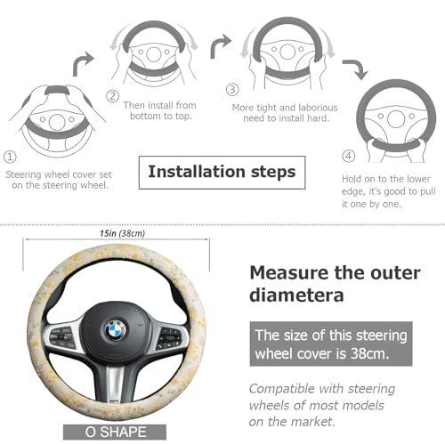 Beige Spherical Flowers Steering Wheel Cover Auto Embroidery Steering Wheel Protector, Anti-Slip, Breathable, Absorbing Sweat, Universal Car Accessories 14.5–15 inch,Fit for Most Car, Trucks, SUV - style: Beige Spherical Flowers JQ