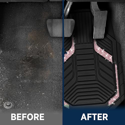 PIC AUTO Car Floor Mats, Pink Sparkly Crystal Bling Glitter Car Mats Set, Front and Rear Heavy Duty Rubber Car Mats with Anti-Slip Backing, All Weather, Trim-to-Fit for SUVs, Trucks, Sedan, Vans - color: Pink Glitter