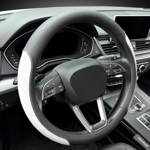 Nappa Leather Steering Wheel Cover, Elegant Diamond Checkered Design, Non-Slip wear-Resistant, Enhance Driving Comfort, Suitable for Steering Wheel Diameter 14 1/2‘-15’ Models.Black White - color: Black White