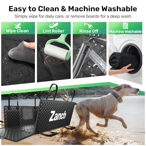 Zanch Heavy-Duty Dog Car Seat Cover, Flat Solid Back Seat Extender for Multi Large Dogs, Hard Bottom Supports 450 lb, Waterproof Scratchproof Hammock Protector, Standard for Cars, SUV, Trucks, Black