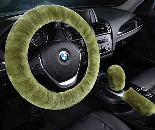 Fluffy Natural Fur Sheepskin Car Gear Shift Handle Level Stick Knob Covers for Automobile Selector Handball Collar, Handbrake Cover (Pea Green)