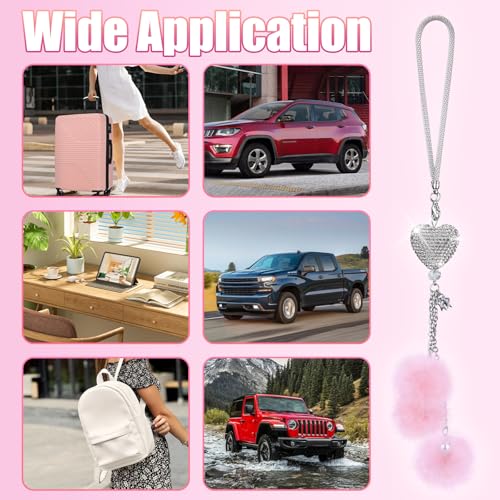 Bling Car Hanging Ornament, Bling Car Mirror Accessories for Women, Diamond Heart and Fuzzy Plush Ball, Car Accessories Hanging, Rear View Mirror Hanging Charm Pendant (White Heart, Pink Fluff)