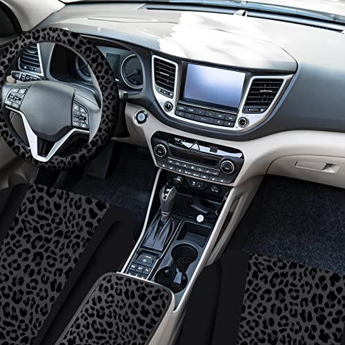 Frienda 17 Pcs Leopard Print Car Accessories Set, Includes Seat Covers Set Leopard Steering Wheel Cover Mats Armrest Pad Cover Seat Belt Pads Keychain and Wrist Strap for Car Decor - style: Leopard Print