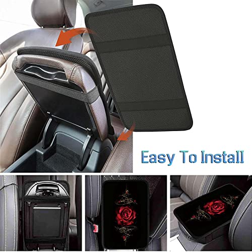 Auto Center Console Cover Pad+ 2 Coasters, Stylish Pattern Soft Car Armrest Cover Auto Center Console Pad, Car Decorative Accessory Universal Fit for Most Car/SUV/Truck, Red Rose