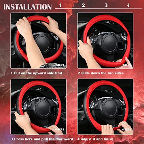 CAR PASS 3D Air Mesh Car Seat Covers Full Sets w/5mm Sponge, 4Pcs Waterproof Car Floor Mats, Steering Wheel Cover Universal Fit for SUV Sedan Truck, Airbag Compatible Automotive Interior(Black & red) - color: Red Combo
