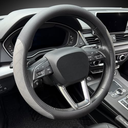 Nappa Leather Steering Wheel Cover,Elegant Diamond Checkered Design, Non-Slip wear-Resistant, Enhance Driving Comfort, Suitable for Steering Wheel Diameter 14 1/2‘-15’ Models.Black Gray - color: Black Gray