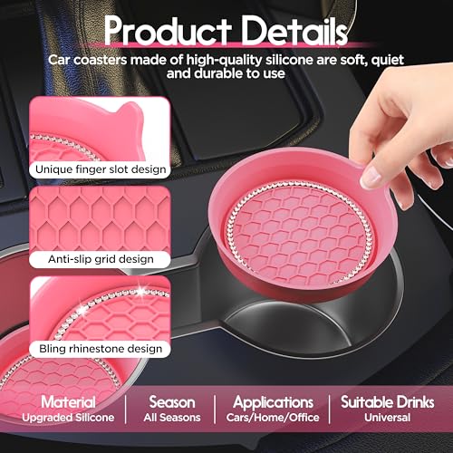 Car Cup Coaster Universal Non-Slip Cup Holders Bling Crystal Rhinestone Car Interior Accessories 2 Pack Peach Pink