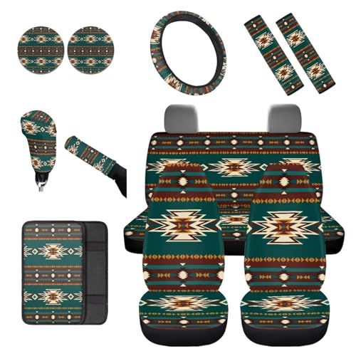 Dreaweet Navajo Seat Covers for Cars Trucks SUV,Green Southwestern Native American Seat Covers with Steering Wheel Cover,Seatbelt Cover,Armrest Pad,Cup Holder,Gear Shift Knob Handbrake Cover,Set of 12 - color: Navajo Green