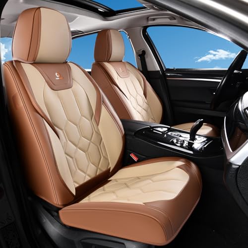 Huidasource Seat Covers Full Set, Universal Fit for Most Cars SUVs Trucks, Full Coverage Leather Seat Cover, Airbag, Cupholder Compatible, Seat Function Retain, Easy Install with Velcro, Brown&Beige - color: FS: Brown&Beige, size: Full Set